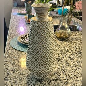 Textured Ceramic Statement Vase | White & Gold | 15” Tall